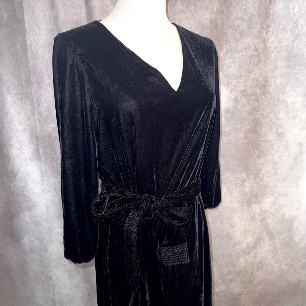 Lauren by Ralph Lauren Velvet Style Midi Little Black Dress Long Sleeve Bow Tie - Picture 3 of 15